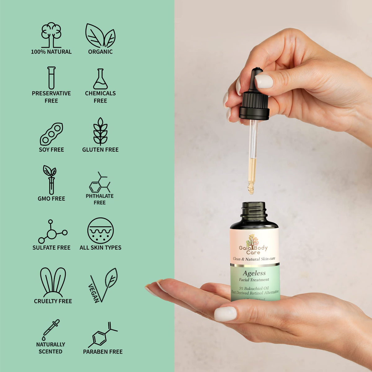 Gaia Body Care oil texture close-up demonstrating lightweight absorption