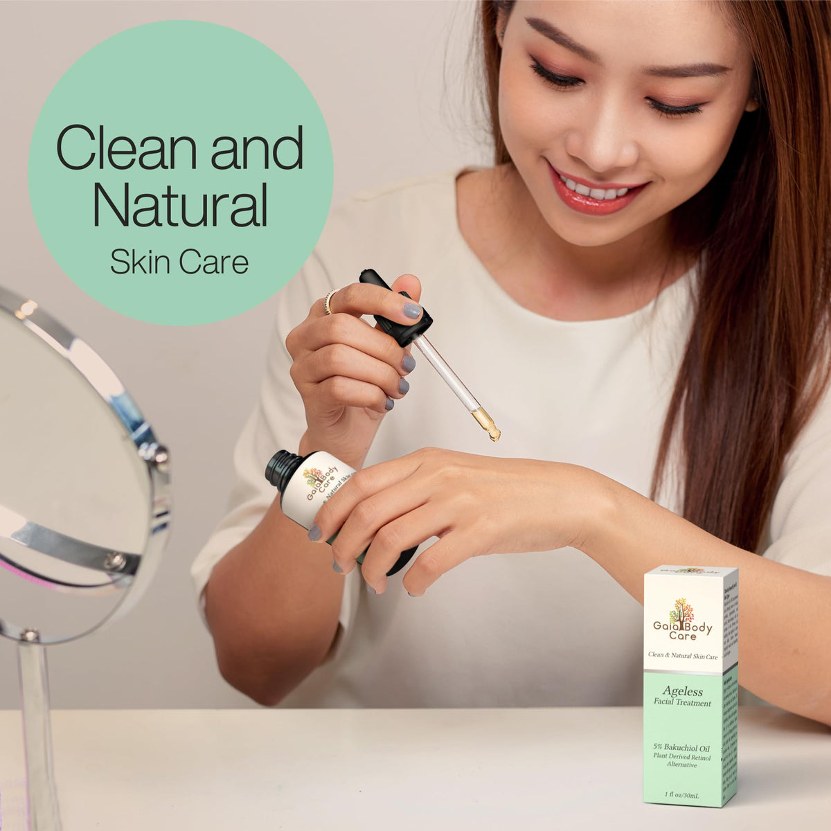 Gaia Body Care bottle next to a coin showing 1oz size and travel-friendly