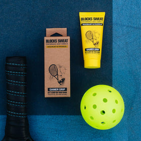 Gamer Grip applied to a pickleball paddle handle for improved grip stability