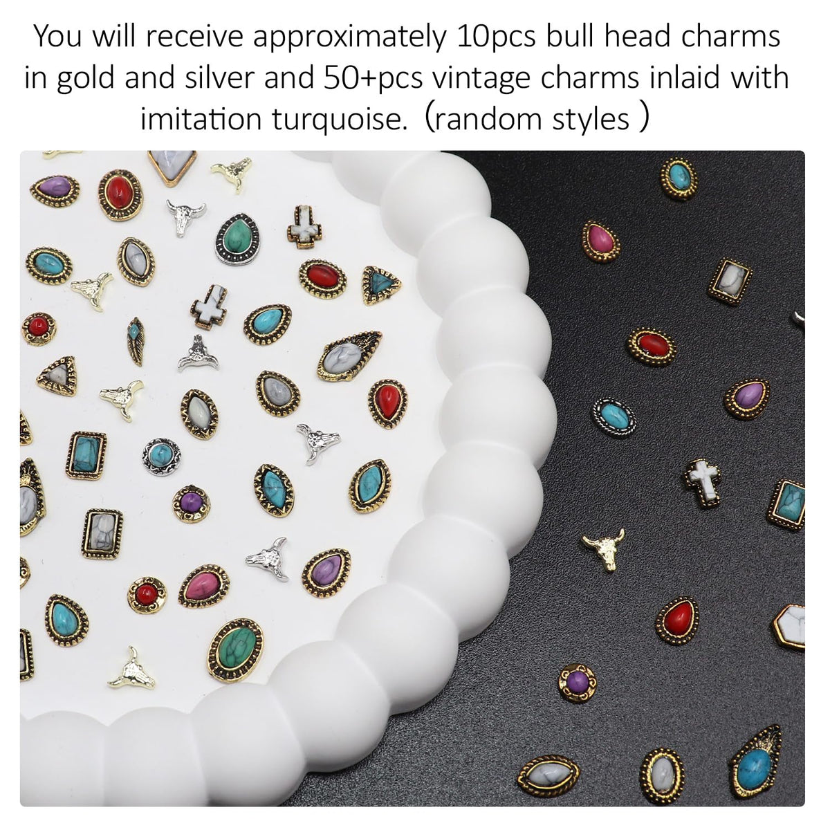 Ganepwns charms next to coin for scale showing size range and placement guidance