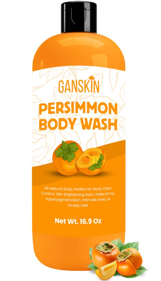 Ganskin front bottle showing persimmon body wash and natural deodorizing benefit