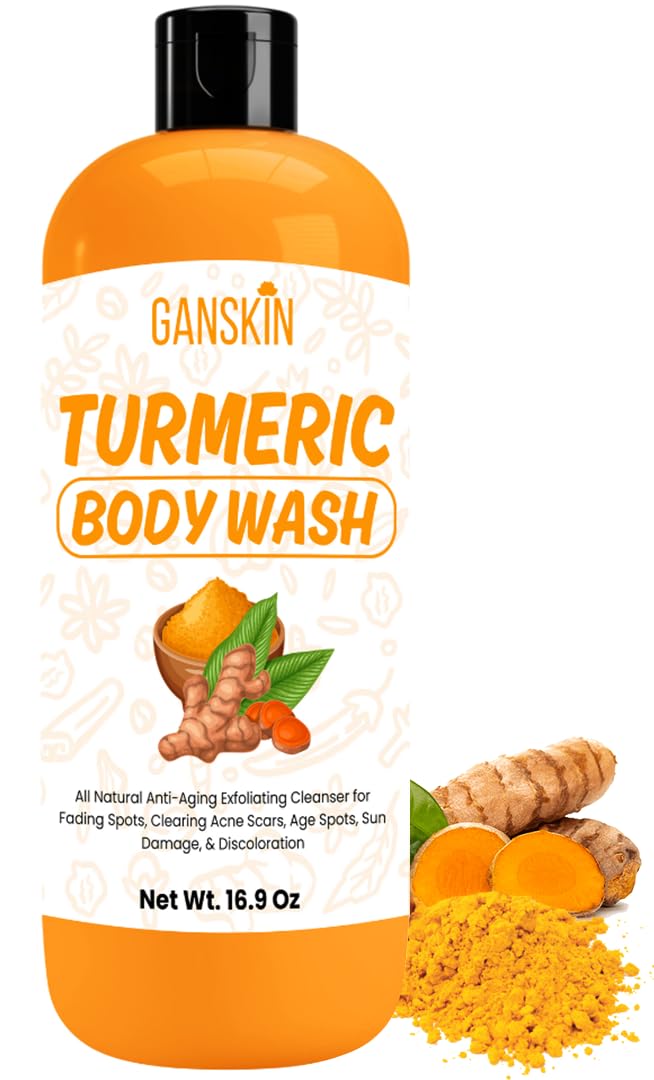 Ganskin front bottle showing brightening turmeric body wash, clear label and benefits