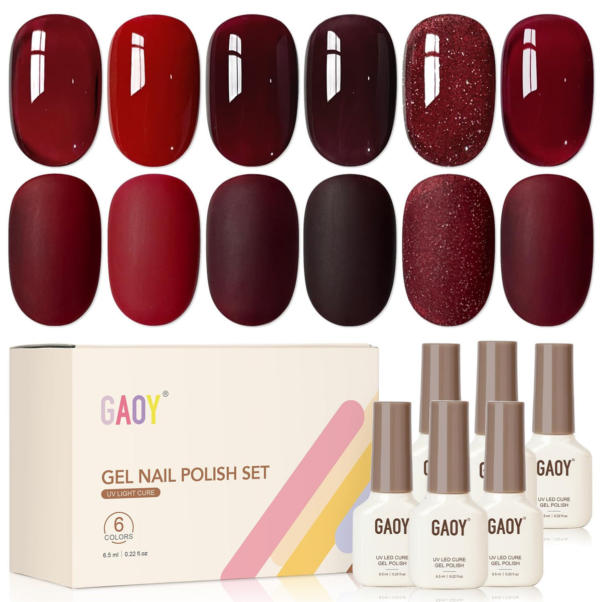 GAOY front packaging showing six red gel bottles and variant benefits