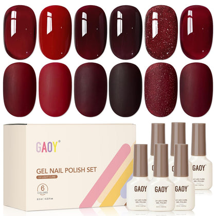 GAOY front packaging showing six red gel bottles and variant benefits