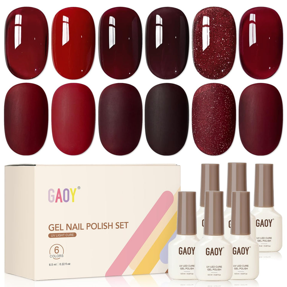 GAOY front packaging showing six red gel bottles and variant benefits