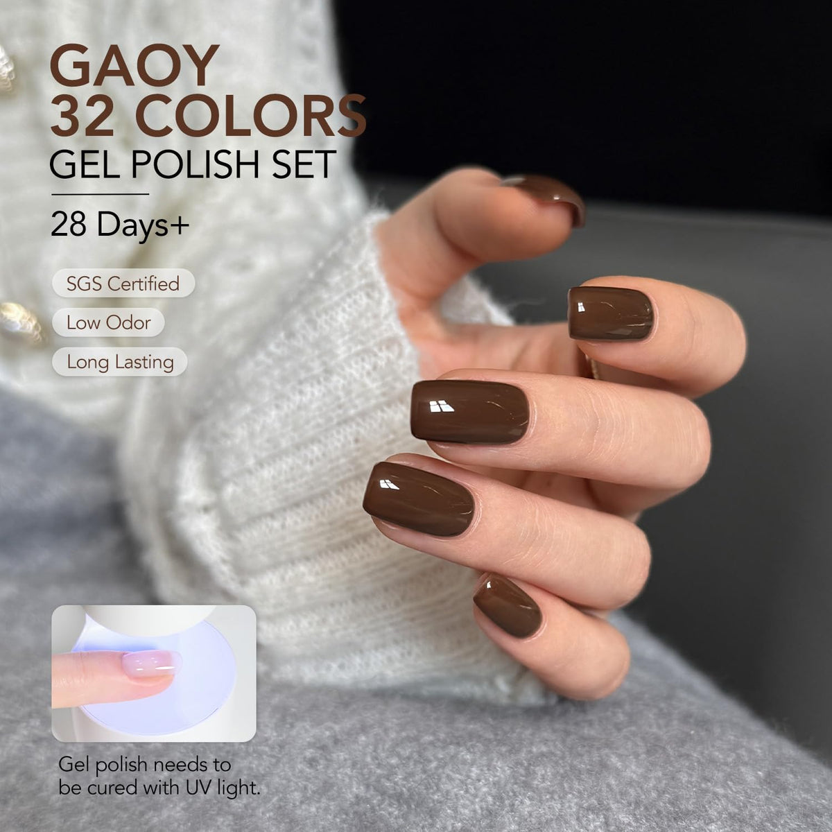 GAOY polish being cured under LED lamp on a fingernail, demonstrates quick drying benefit