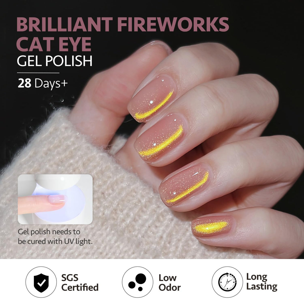 GAOY application step with magnet above nail creating reflective cat‑eye stripe
