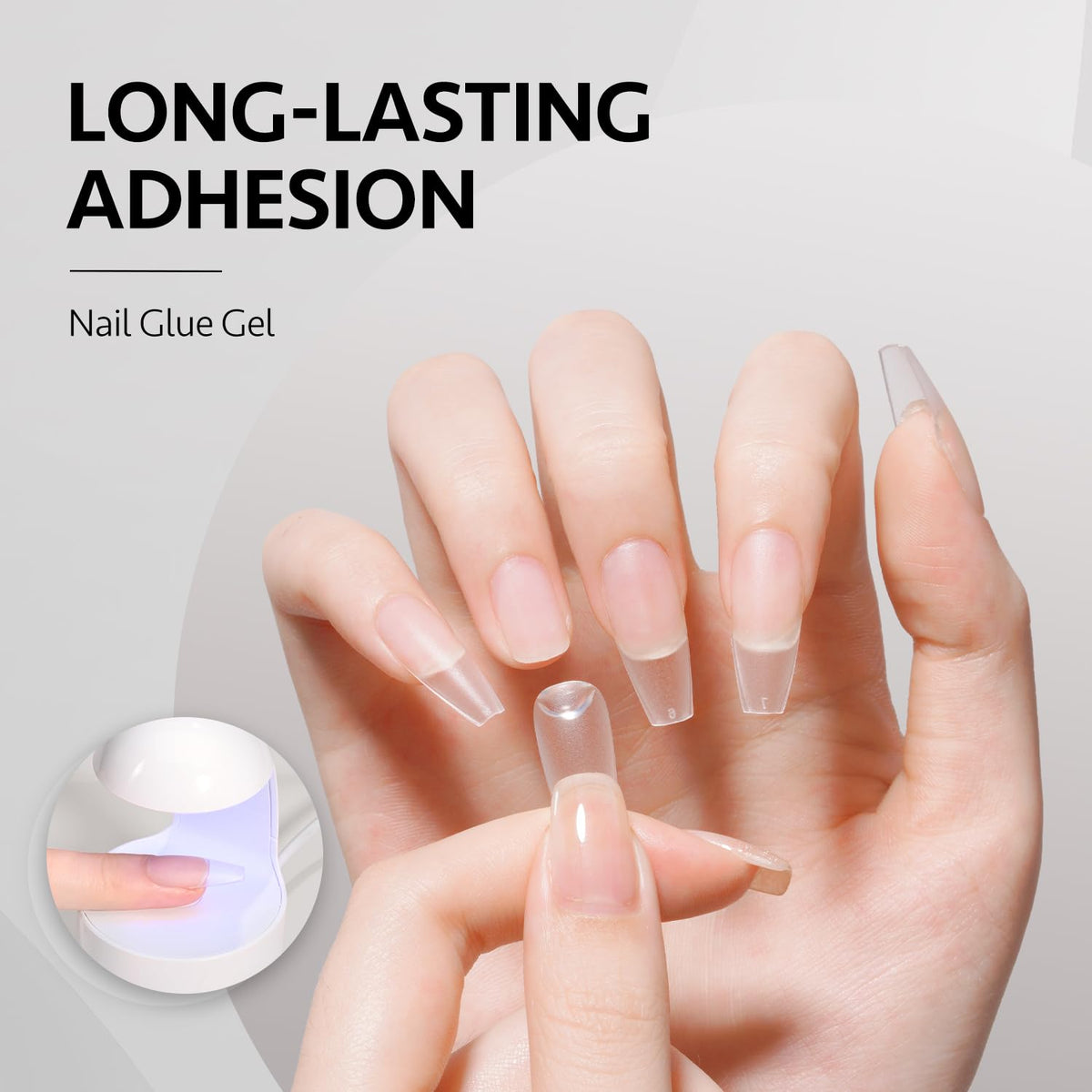 GAOY applying nail glue gel to false nail demonstrating strong bond and fast cure