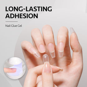GAOY applying nail glue gel to false nail demonstrating strong bond and fast cure