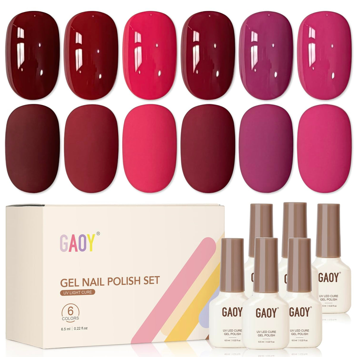 GAOY kit front packaging showing six berry shades and compact box for easy storage