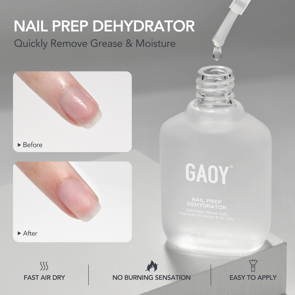 GAOY bottle close-up showing liquid texture and fast-drying benefit