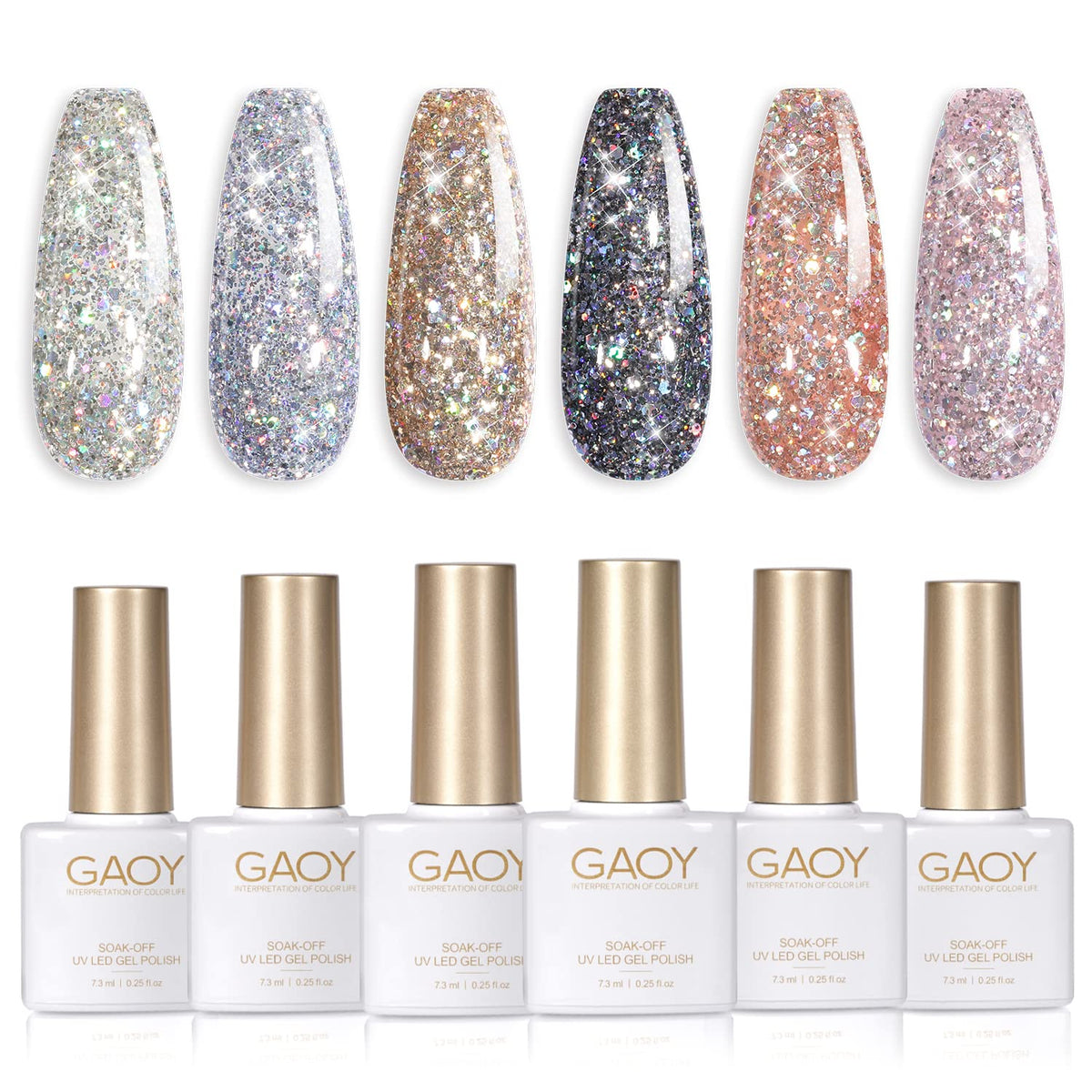 GAOY front packaging showing six chrome glitter gel bottles and kit benefits