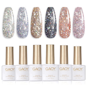 GAOY front packaging showing six chrome glitter gel bottles and kit benefits