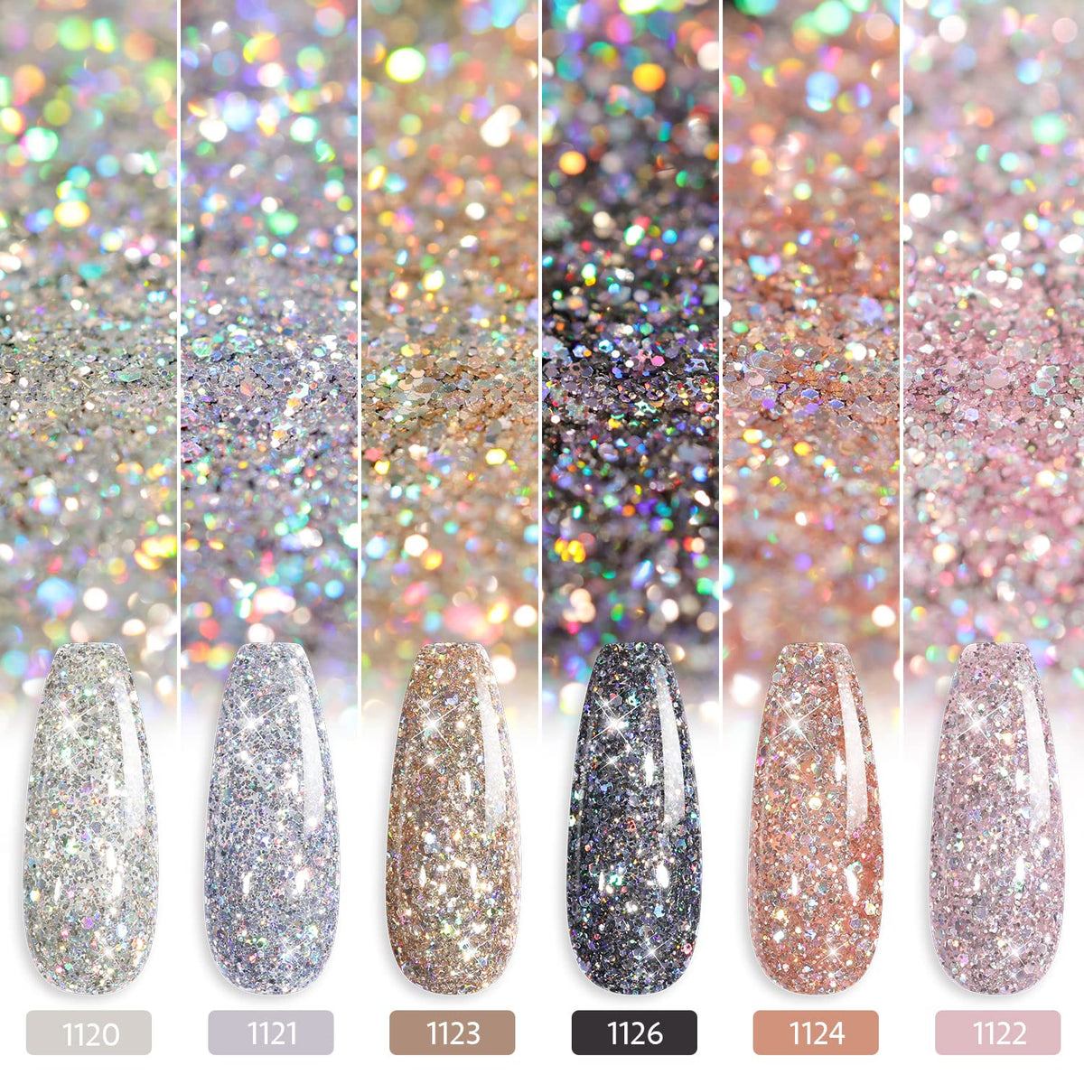 GAOY nail swatches on sample tips showing six chrome colors for design choices