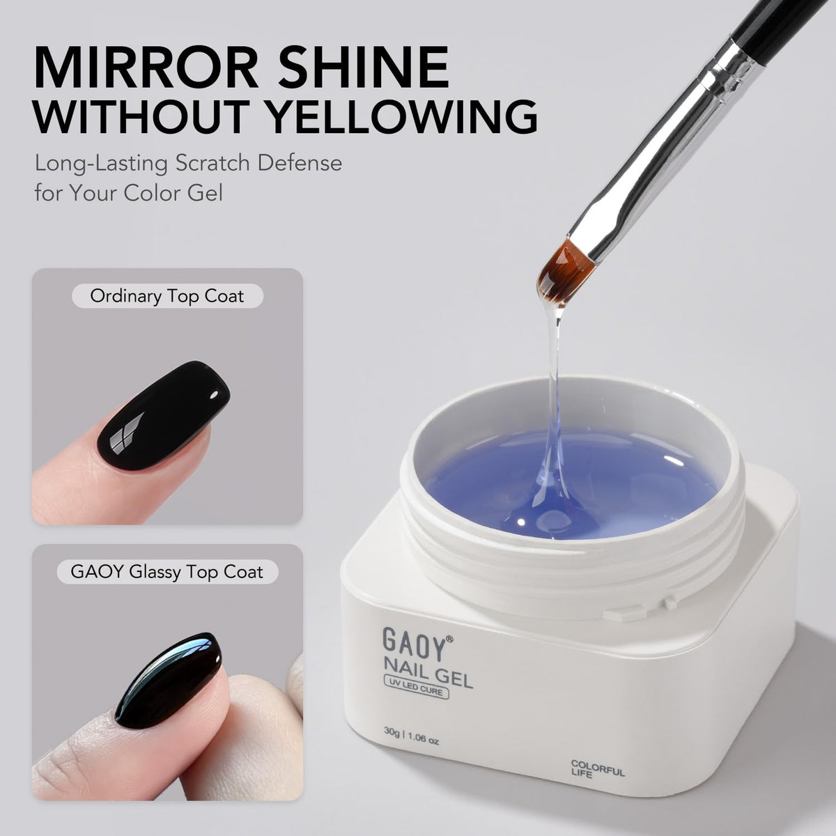 GAOY close-up of glassy top coat texture highlighting clear shine