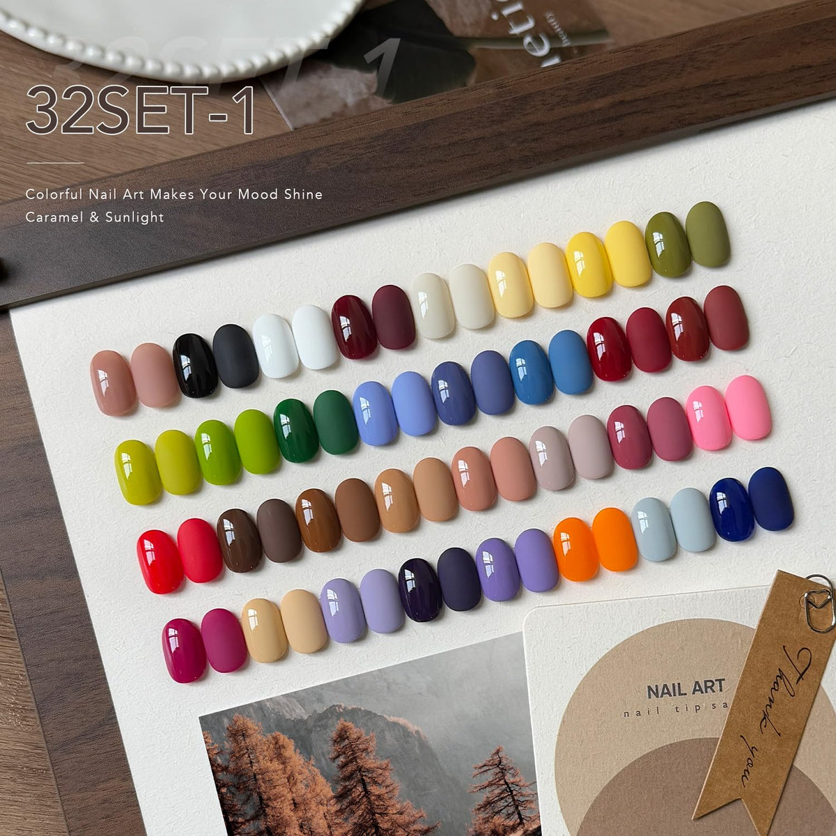 GAOY fanned color swatches of 32 gel shades, showing vivid seasonal palette benefits