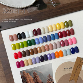 GAOY fanned color swatches of 32 gel shades, showing vivid seasonal palette benefits