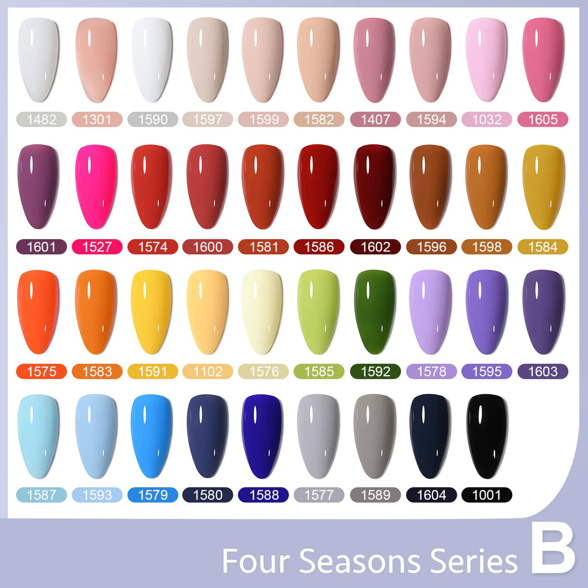 GAOY color array flatlay with 39 shades visible for seasonal options