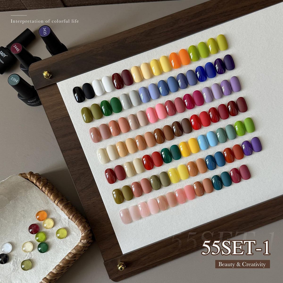 GAOY color palette display highlighting 55 shades for versatile manicures