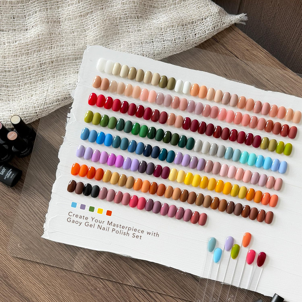 GAOY color palette array displaying vivid 100 gel shades