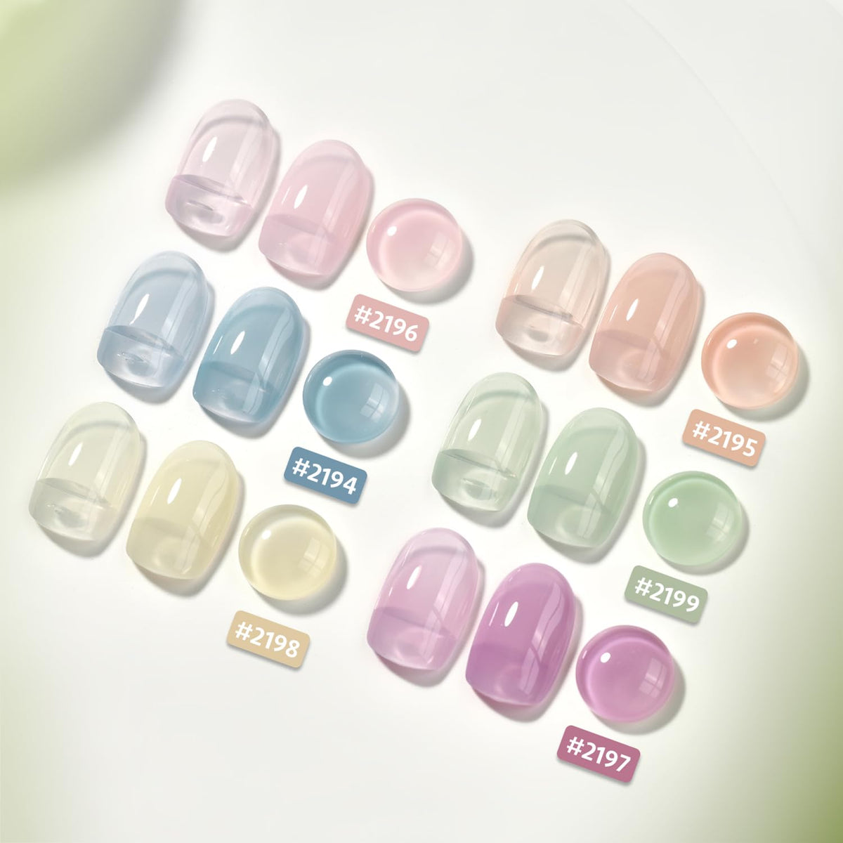GAOY color swatch layout displaying translucent blues pinks and nudes