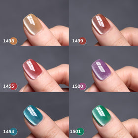 GAOY swatch fan of six holographic cat-eye gel colors, demonstrates shimmer and contrast