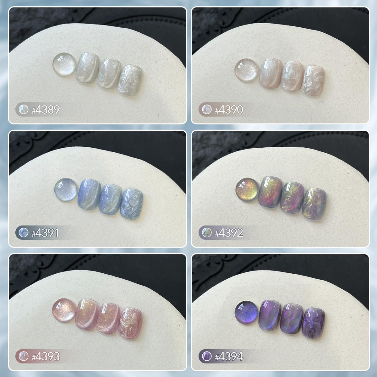 GAOY color swatches closeup displaying holographic pearlescent finishes for shade selection