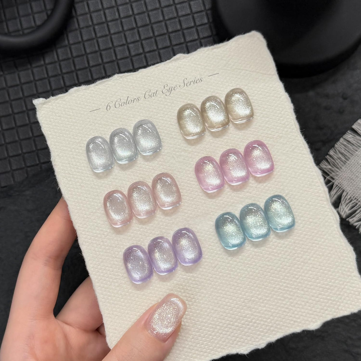 GAOY color swatches laid flat showing silver blue pink holographic finishes for design inspiration