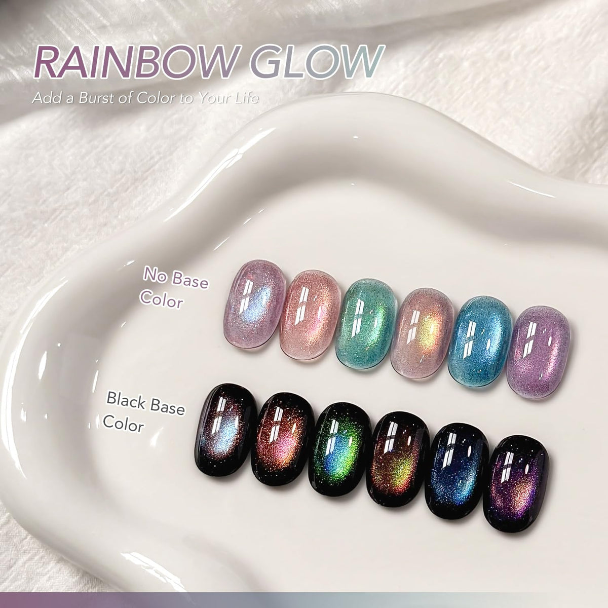 GAOY color swatches on a nail wheel showing six glitter-holographic cat eye shades