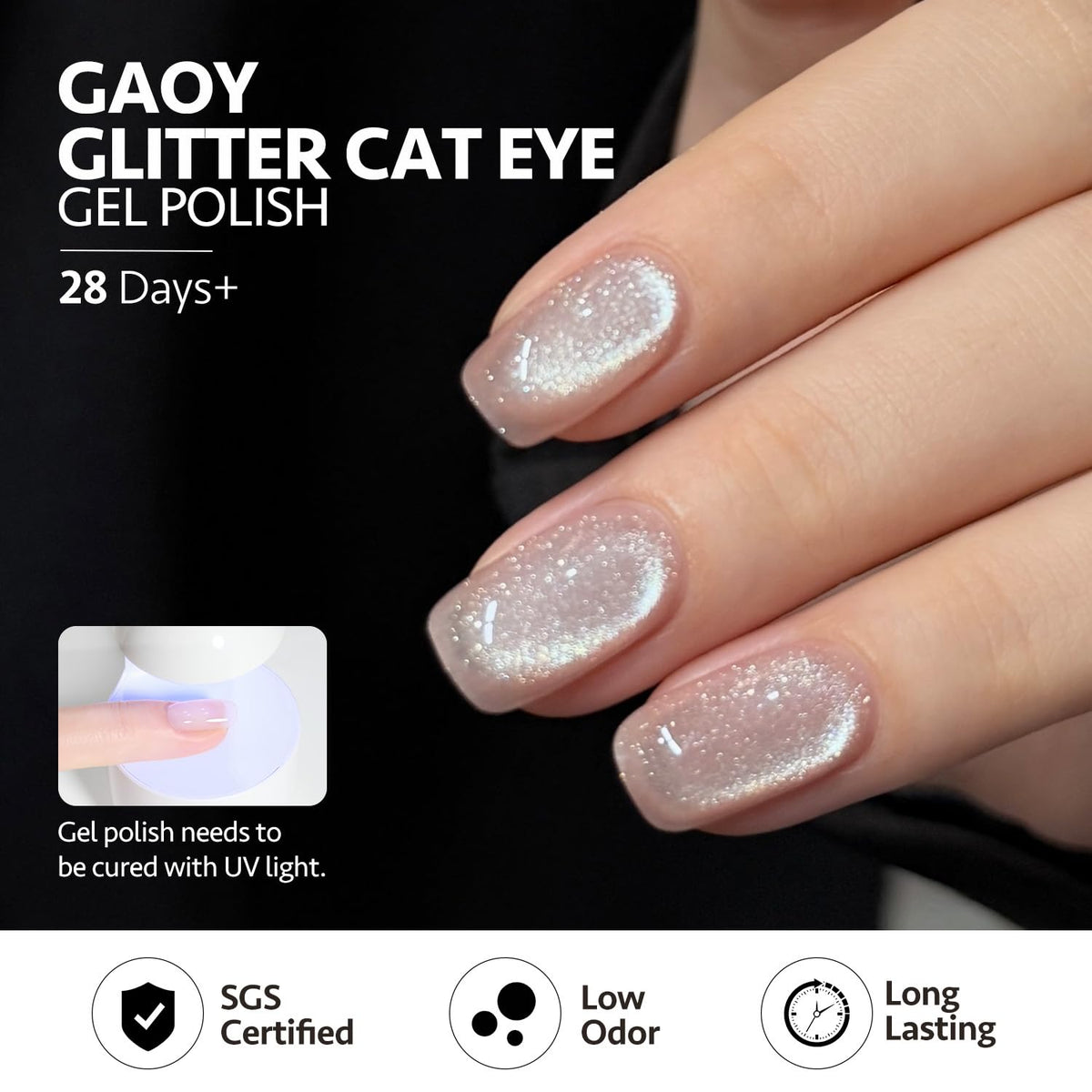 GAOY finished manicure lifestyle shot showing holographic cat-eye nails for party-ready look