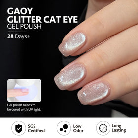 GAOY finished manicure lifestyle shot showing holographic cat-eye nails for party-ready look