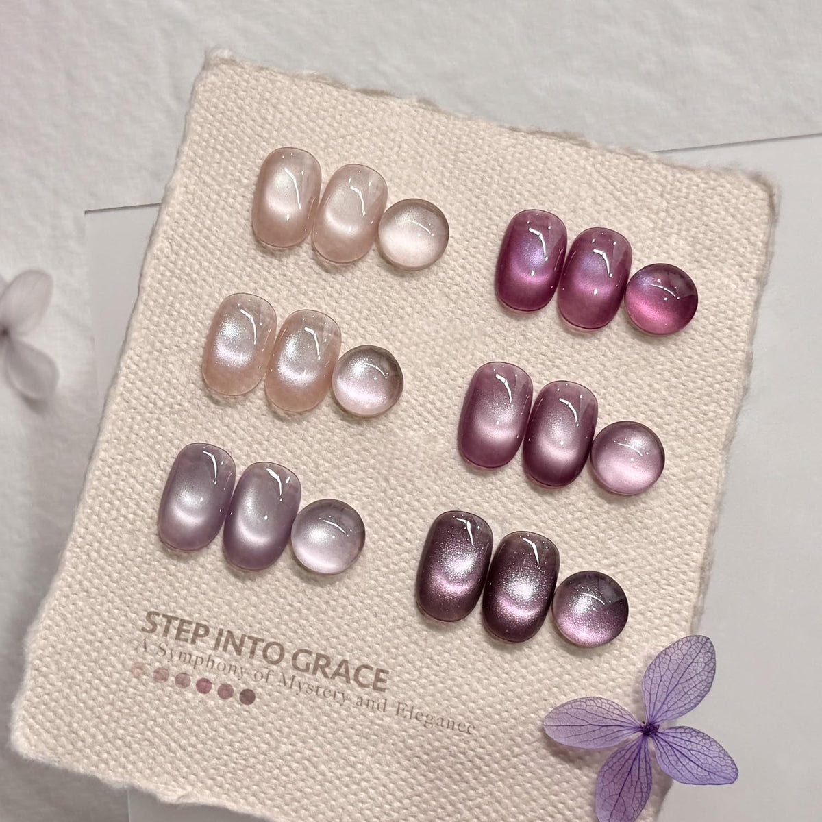 Set of six finished nails painted with GAOY colors showing varied holographic effects