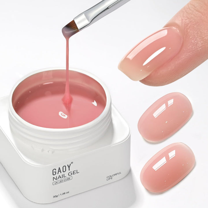 GAOY sea pink builder base bottle front view showing product and shade benefits