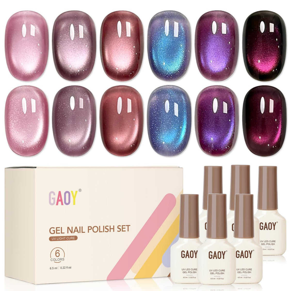 GAOY front packaging showing six gel bottles and included magnet for salon-quality sets