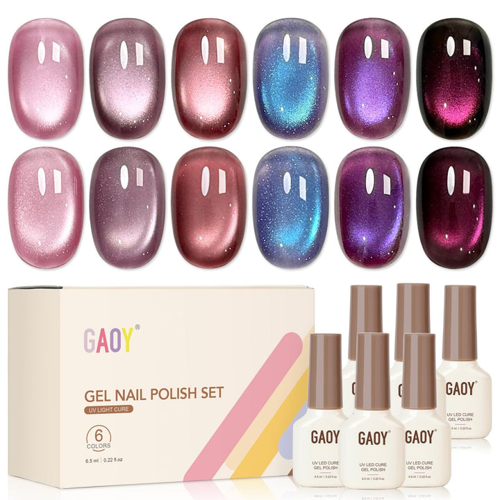 GAOY front packaging showing six gel bottles and included magnet for salon-quality sets