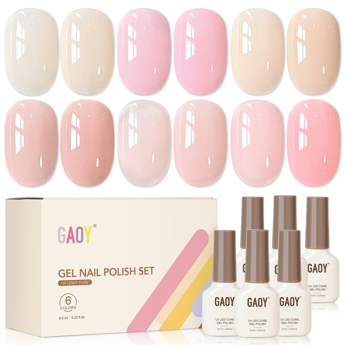GAOY front view of six jelly gel bottles showing color range and ready for salon results
