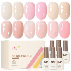 GAOY front view of six jelly gel bottles showing color range and ready for salon results