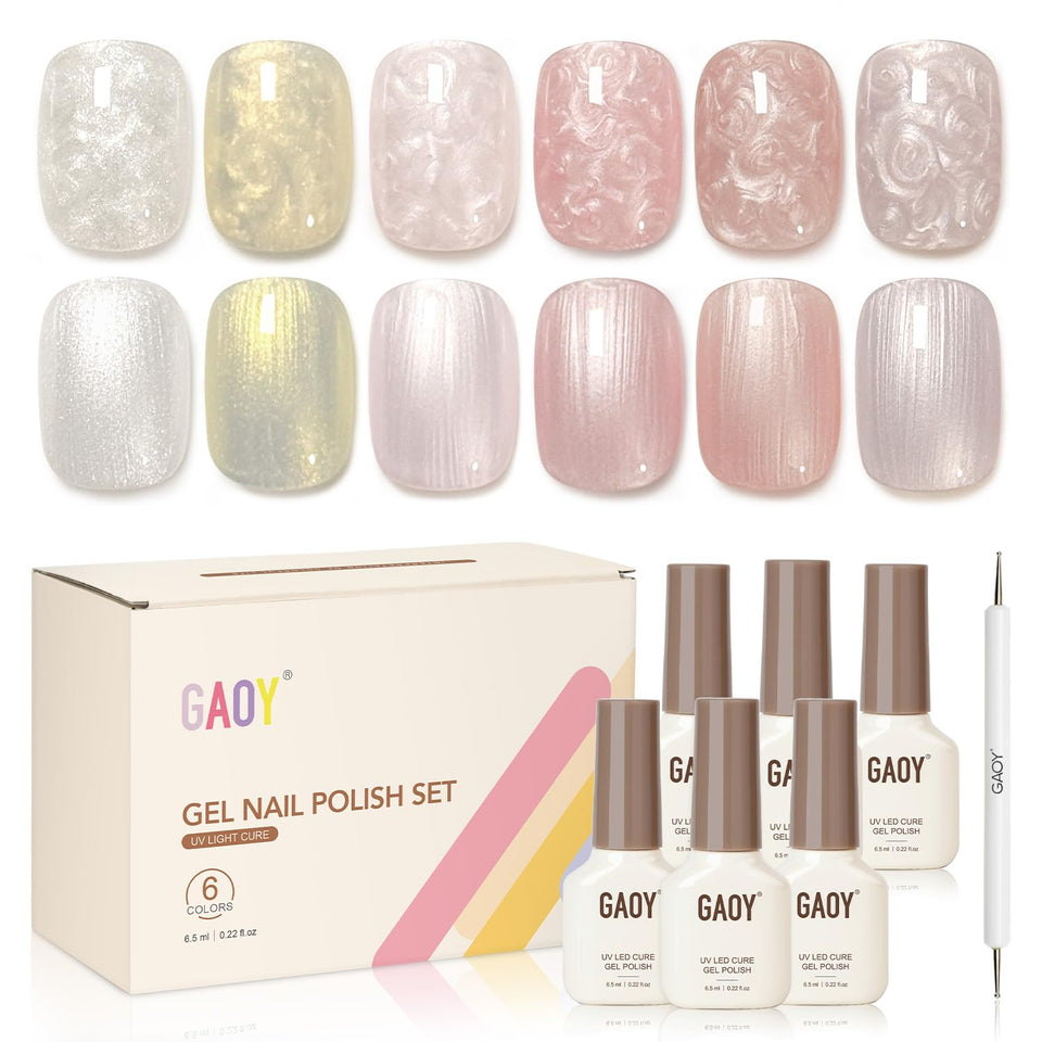 GAOY front packaging showing six shimmer gel bottles and dotting pen for easy at-home art