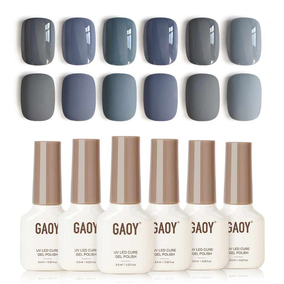 GAOY front packaging showing six dark-gray gel bottles and compact box, convenient kit