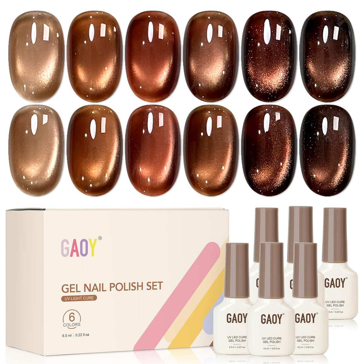 GAOY front packaging showing six bottles and magnet for easy selection