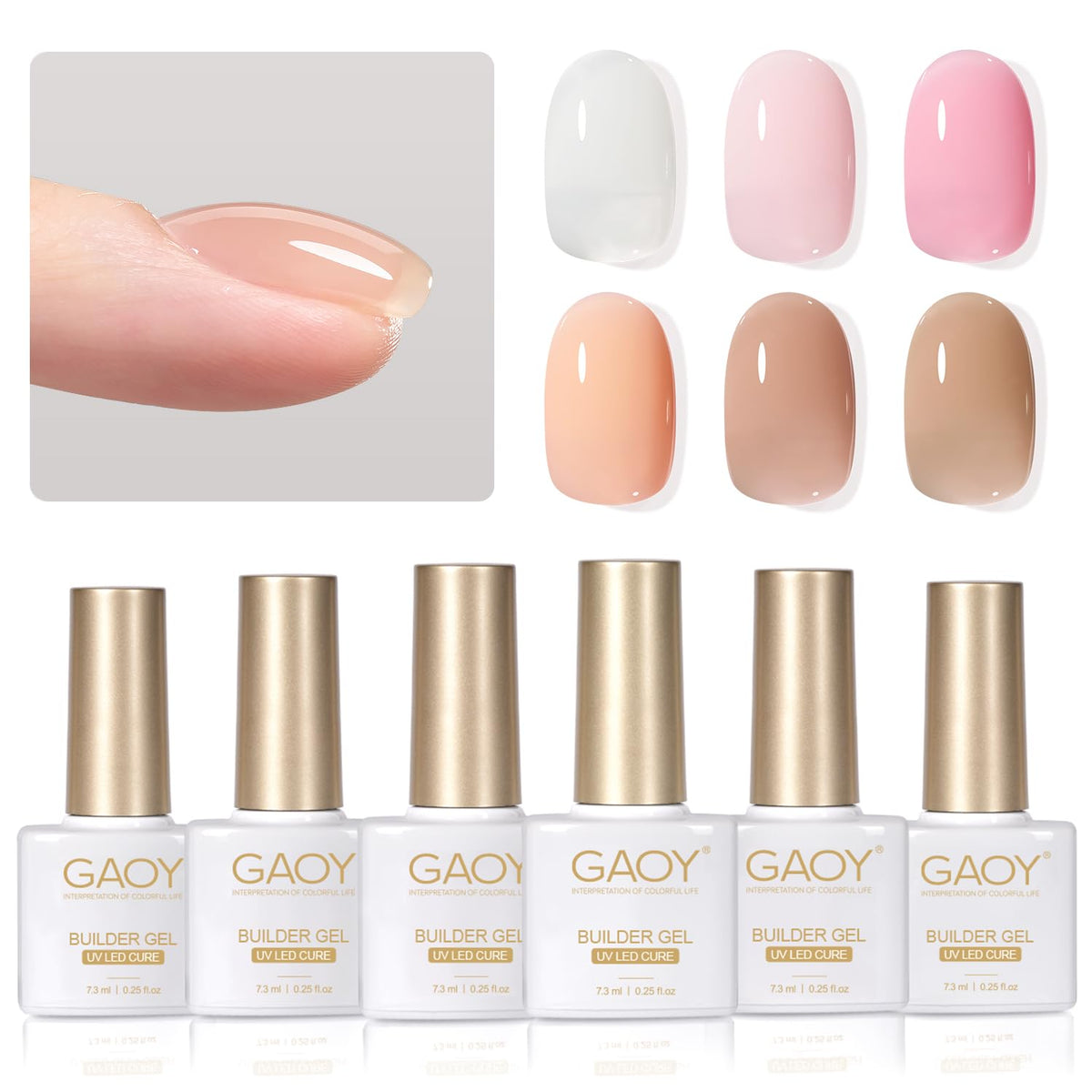 GAOY front packaging showing all six builder gel bottles and product clarity benefit