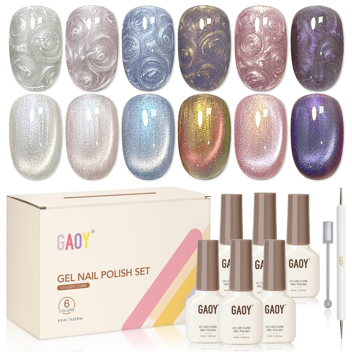 GAOY front packaging showing six gel polish bottles and magnet for easy kit identification