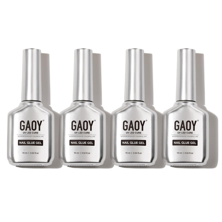 GAOY front packaging showing four clear gel glue bottles and benefits