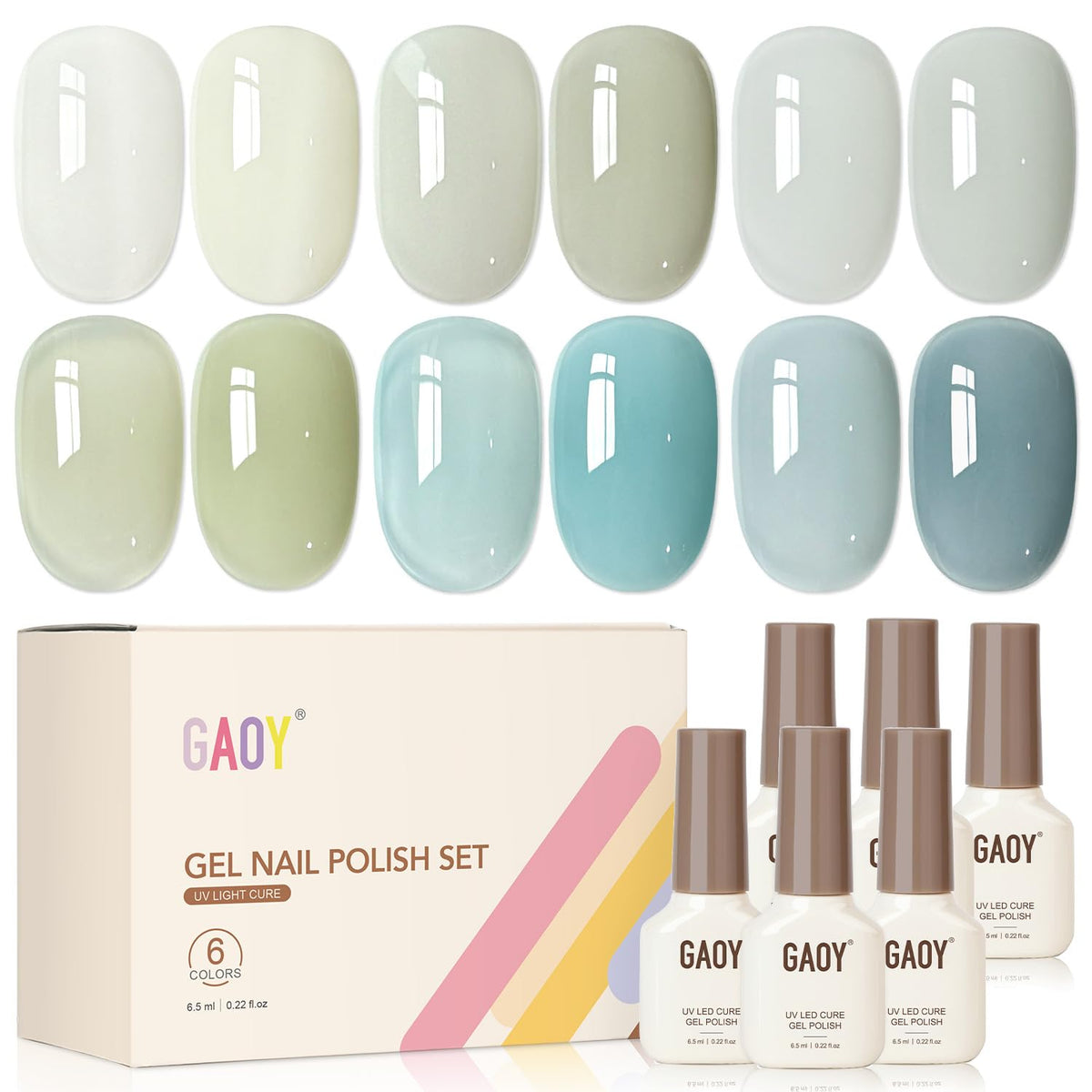 GAOY front packaging showing six coastal tones and kit contents for easy selection