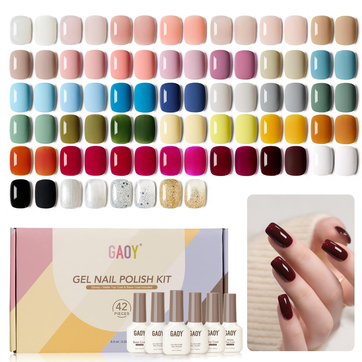 GAOY front packaging showing full 42-piece kit and color variety benefits long wear