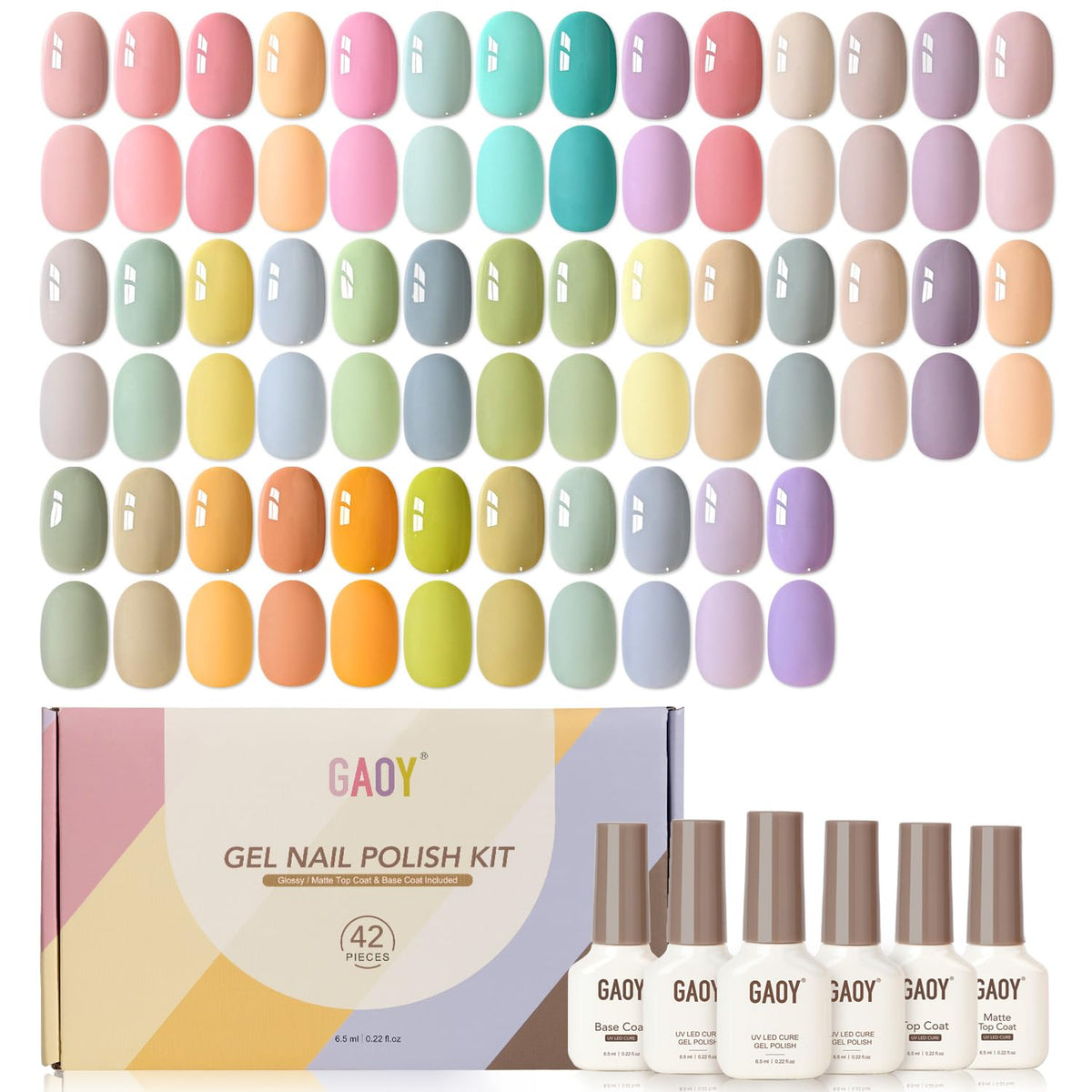 GAOY front packaging showing full 42-piece gel nail kit and contents, convenient kit