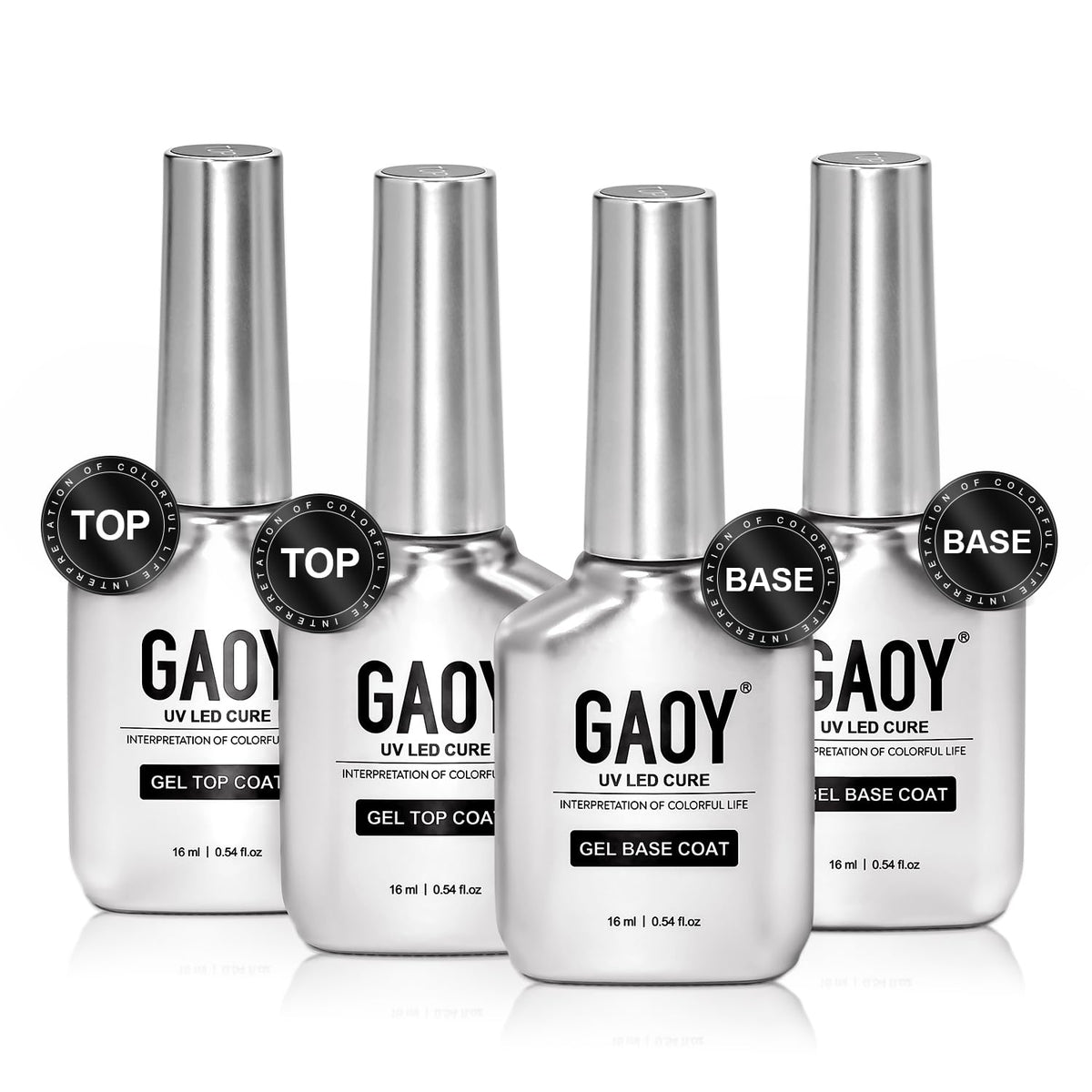 GAOY front packaging showing four 16ml chrome bottles and set benefit of larger volume