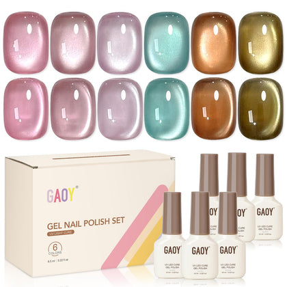 GAOY front packaging showing six jelly holographic gel bottles for varied manicures