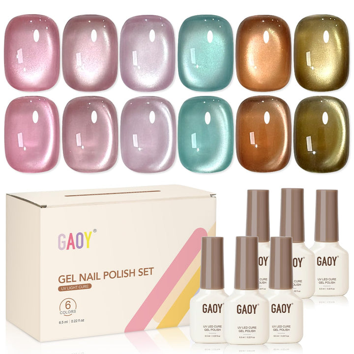 GAOY front packaging showing six jelly holographic gel bottles for varied manicures