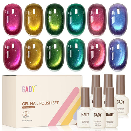 GAOY front packaging showing six glitter cat eye gel bottles and magnet for versatile designs